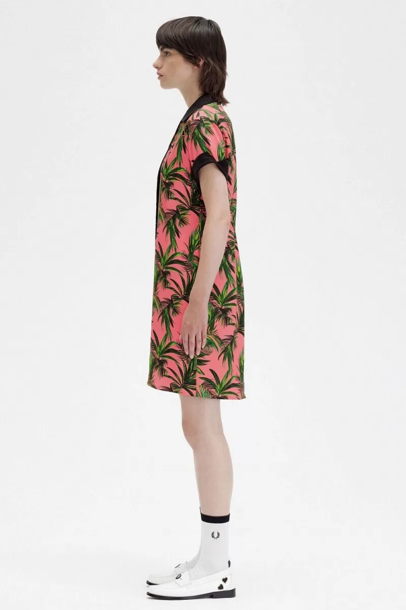 fred perry palm print skjorta damklänning coral heat