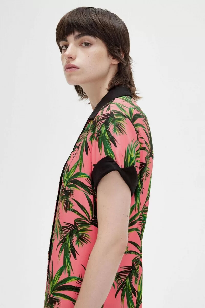 fred perry palm print skjorta damklänning coral heat