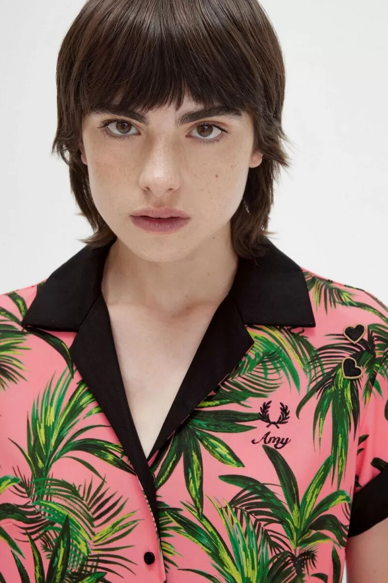 fred perry palm print skjorta damklänning coral heat