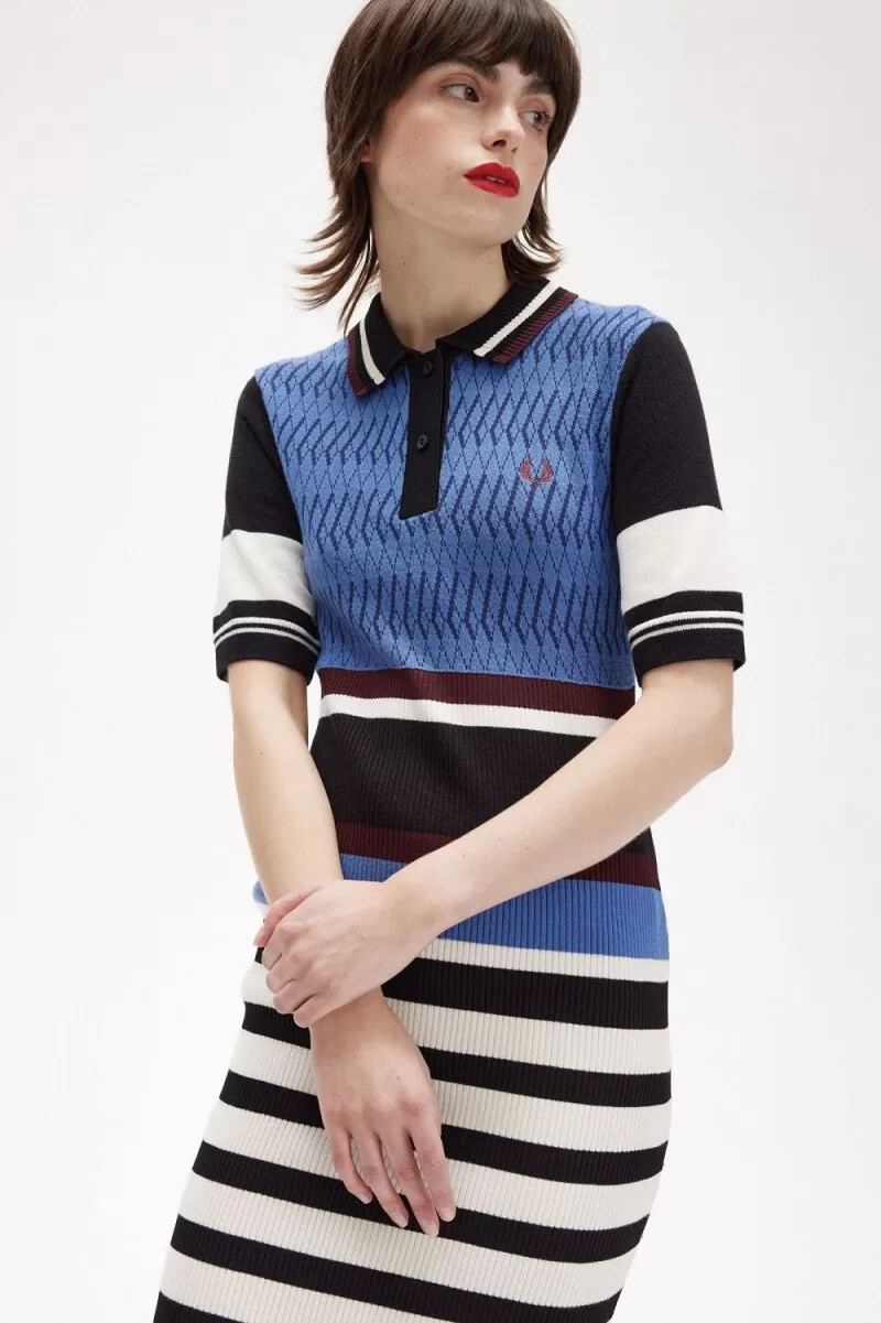 fred perry jacquard stickad randig damklänning twilight blå
