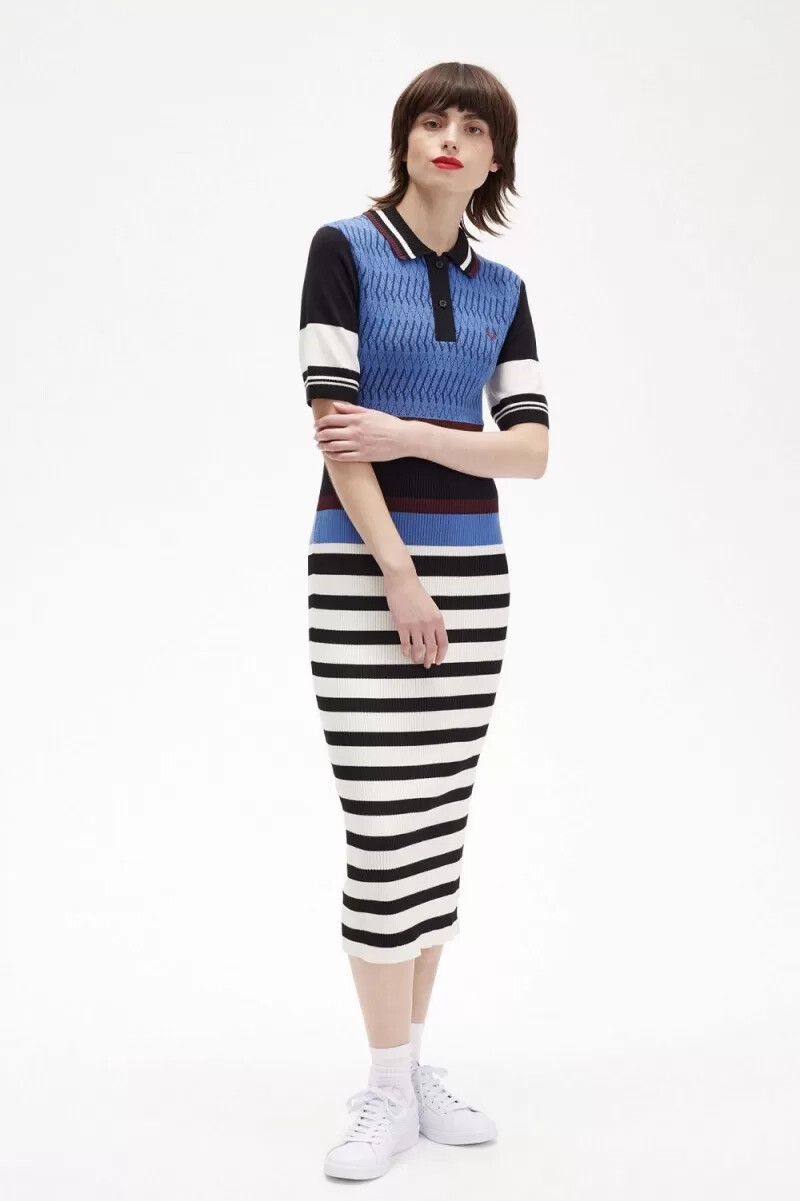 fred perry jacquard stickad randig damklänning twilight blå