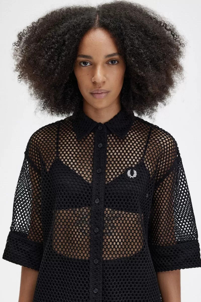 fred perry Öppen stickad skjorta damklänning svart