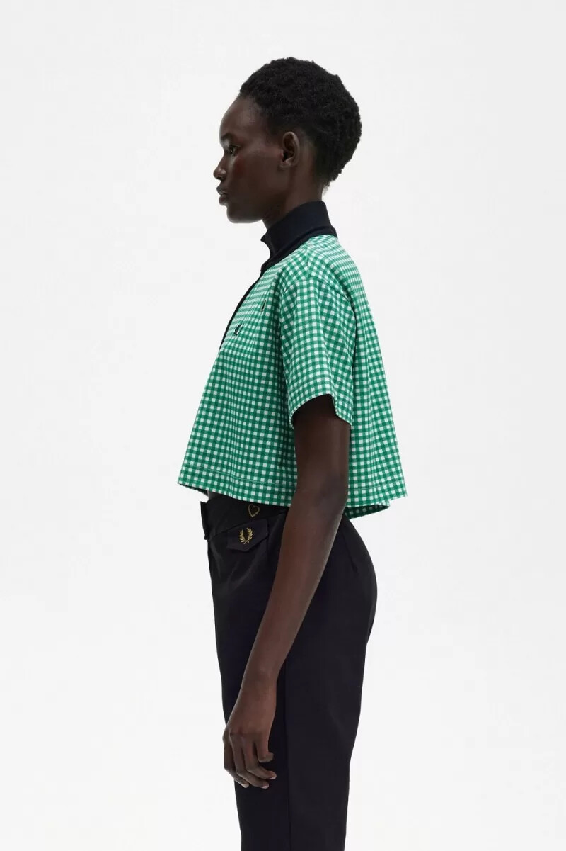 fred perry cropped gingham piqué dam pikétröja grön