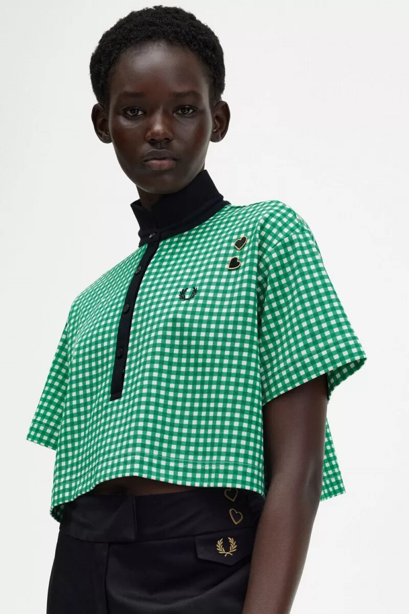 fred perry cropped gingham piqué dam pikétröja grön
