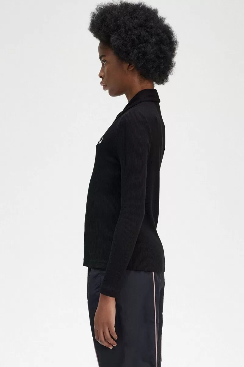 fred perry långärmad ribbad dampoloskjorta svart