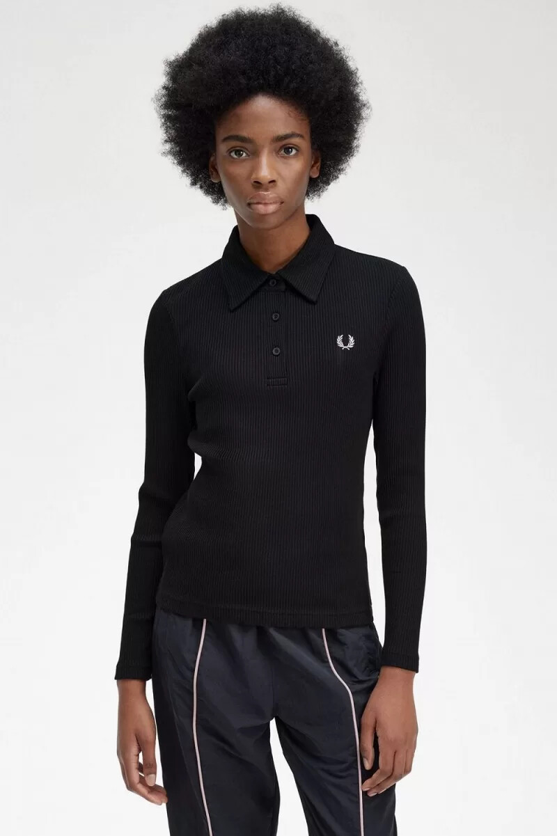 fred perry långärmad ribbad dampoloskjorta svart