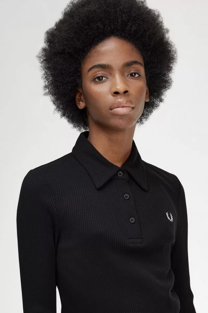 fred perry långärmad ribbad dampoloskjorta svart