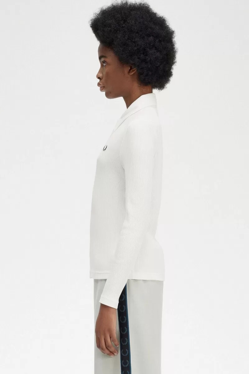 fred perry långärmad ribbad dampoloskjorta snövit