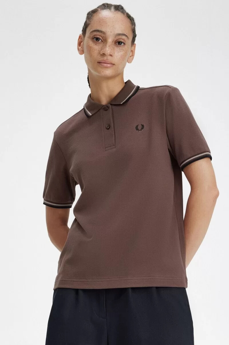fred perry g3600 damskjorta mörkröd varm grå svart
