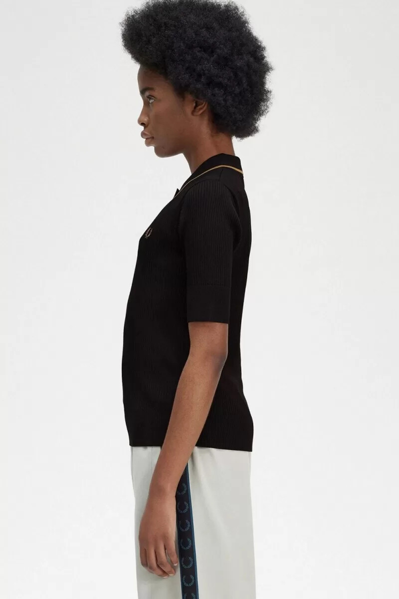 fred perry ribbad stickad damskjorta svart