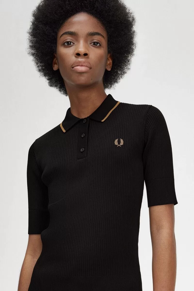 fred perry ribbad stickad damskjorta svart