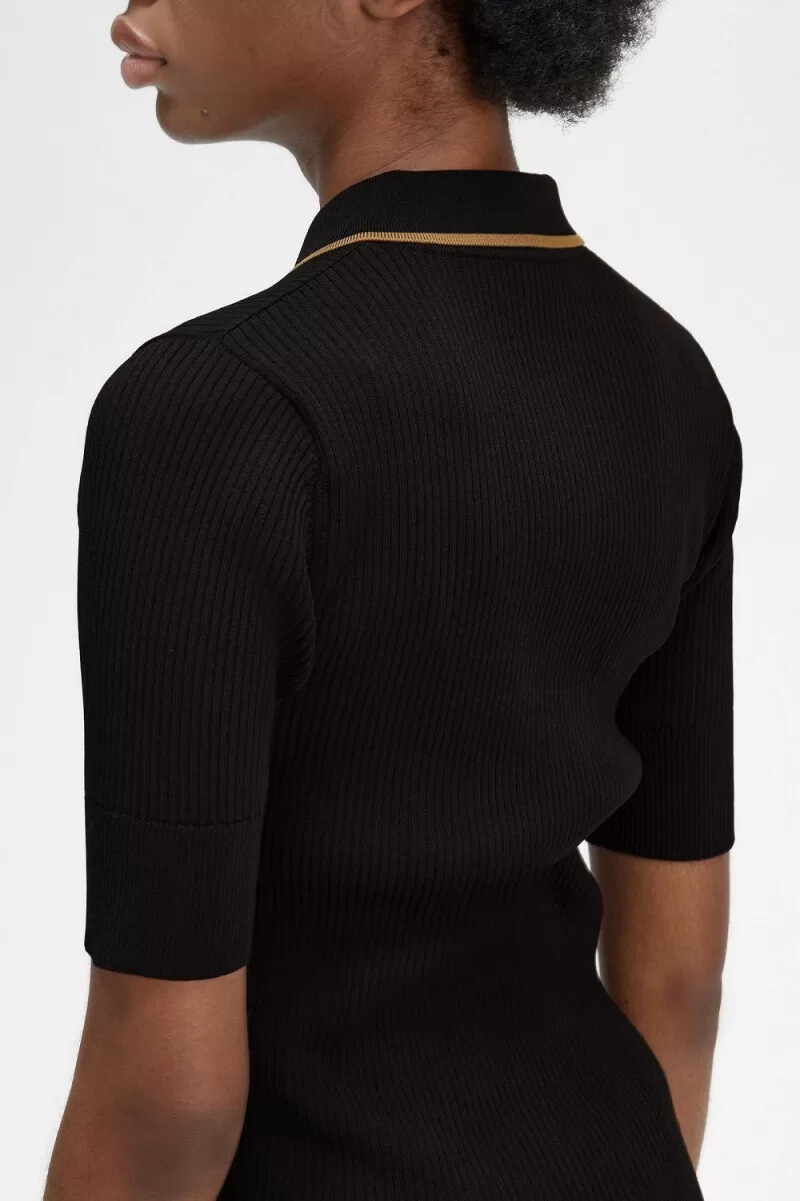 fred perry ribbad stickad damskjorta svart