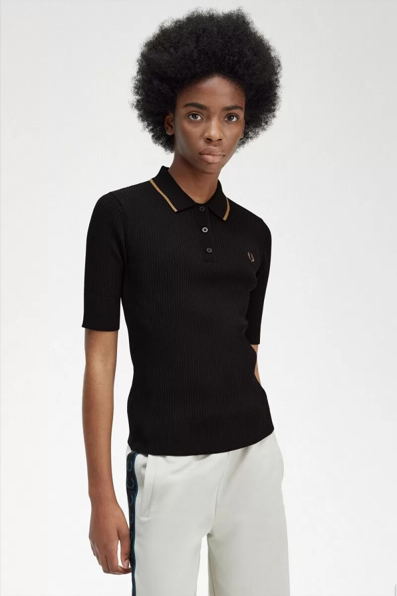 fred perry ribbad stickad damskjorta svart