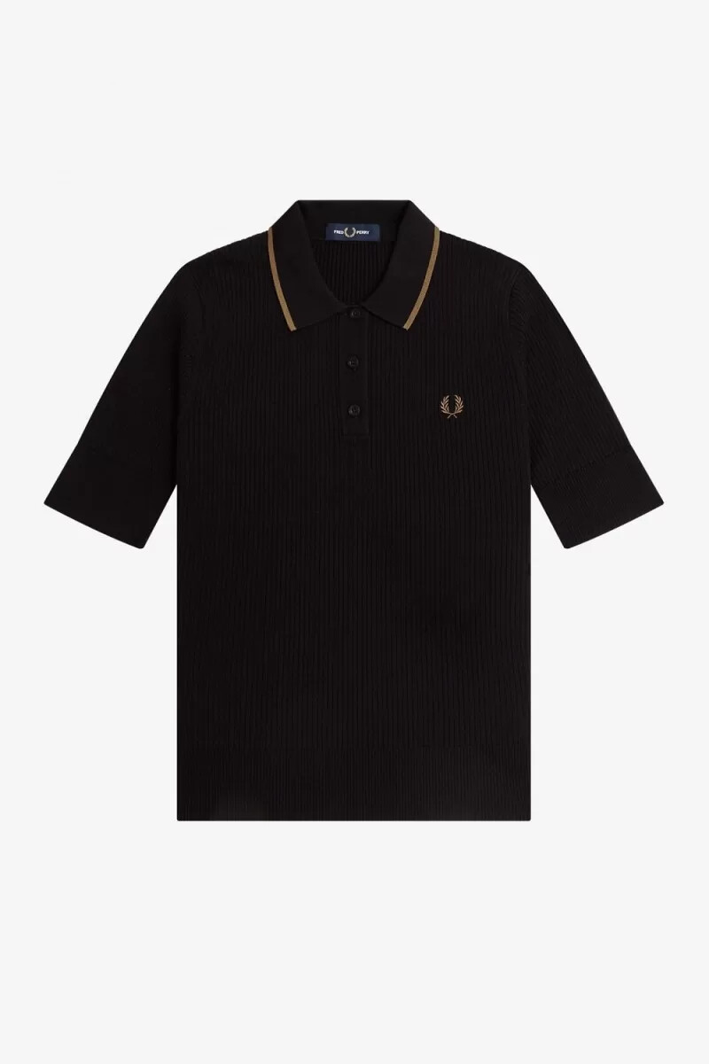 fred perry ribbad stickad damskjorta svart
