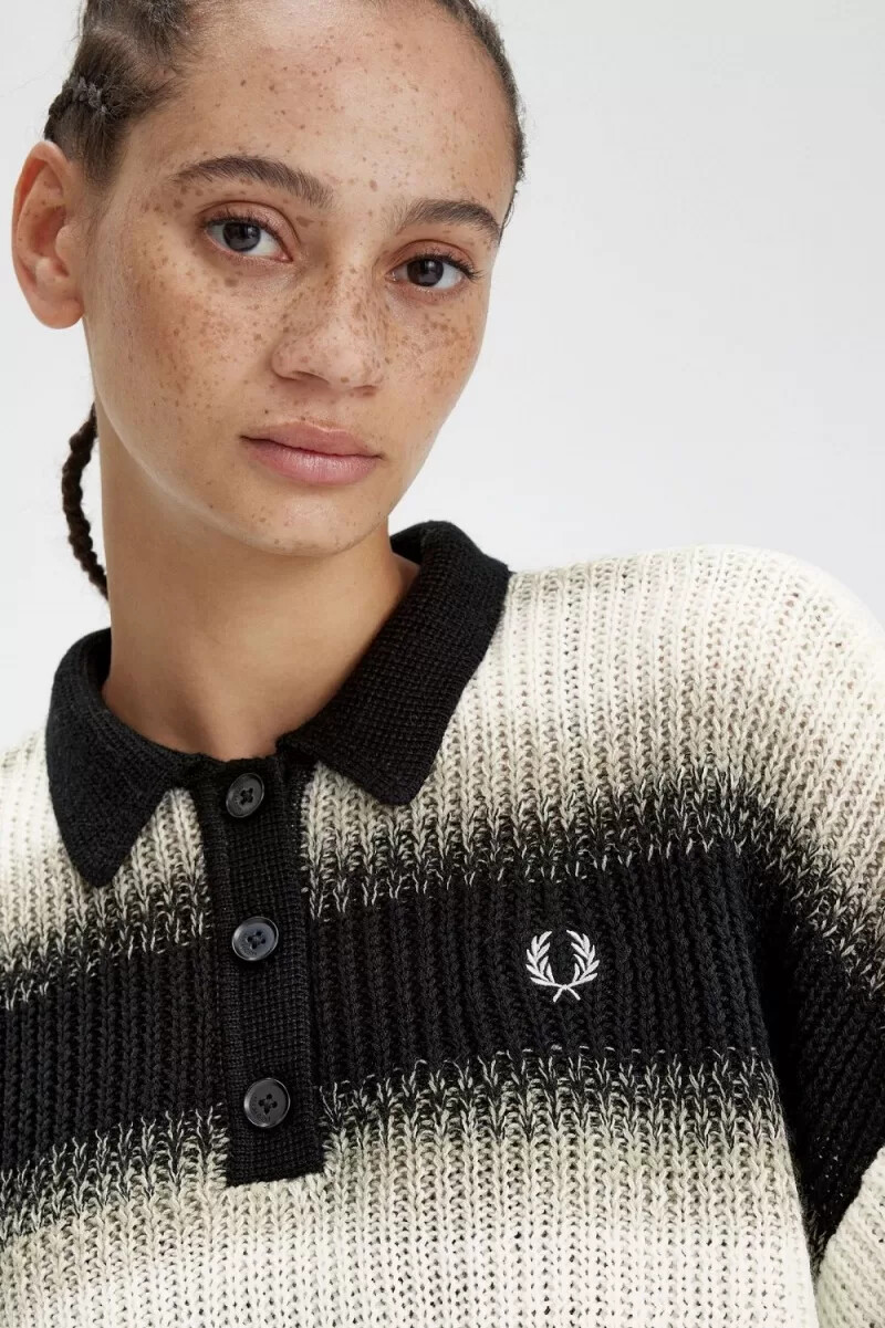 fred perry randig Öppen stickad damskjorta svart