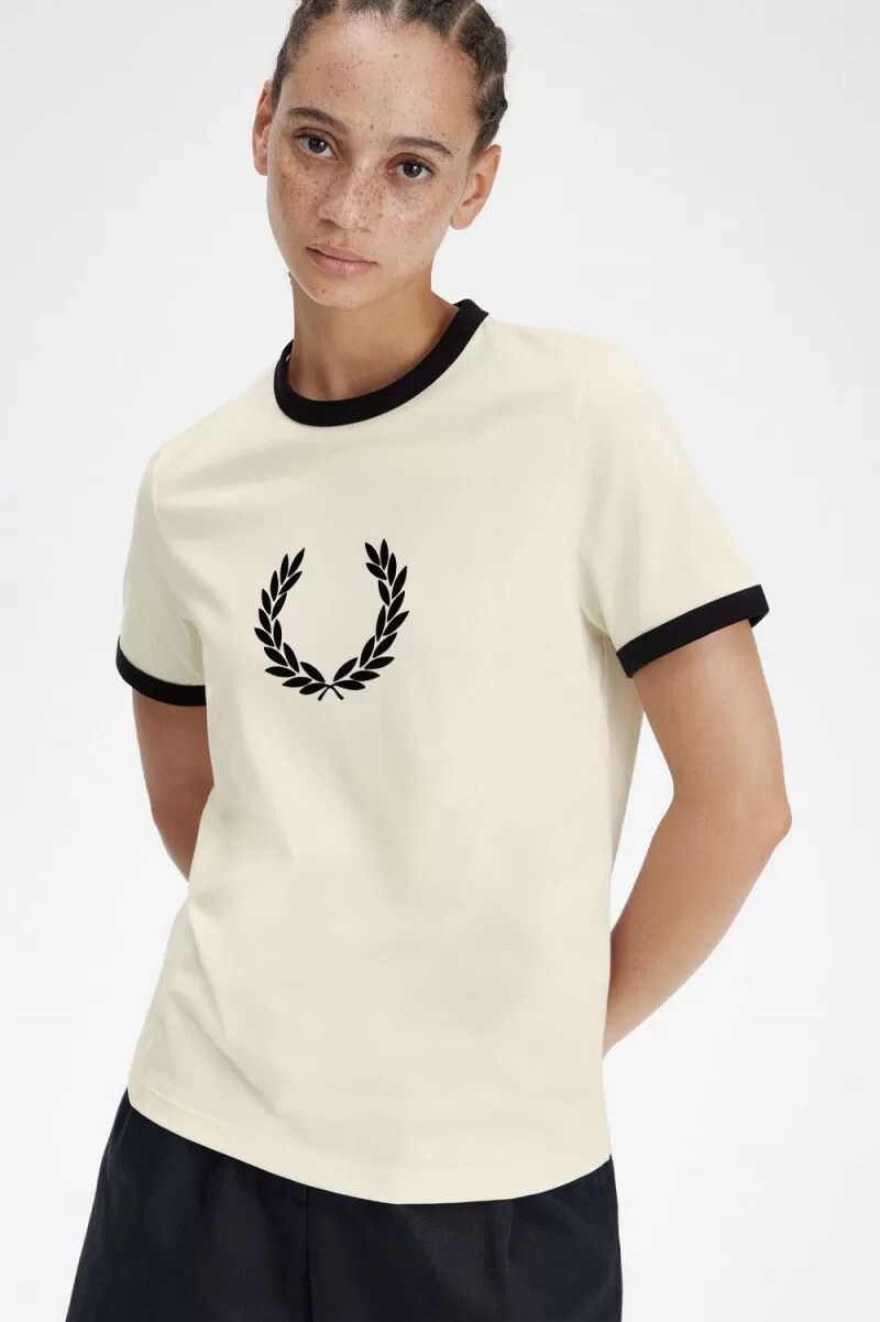 fred perry flockad laurelkrans dam t-shirt beige