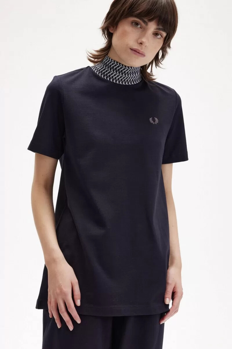 fred perry jacquard trim high neck dam t-shirt marinblå