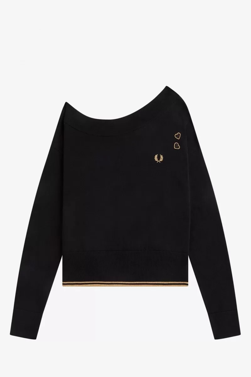 fred perry off-the-shoulder stickad dam t-shirt svart