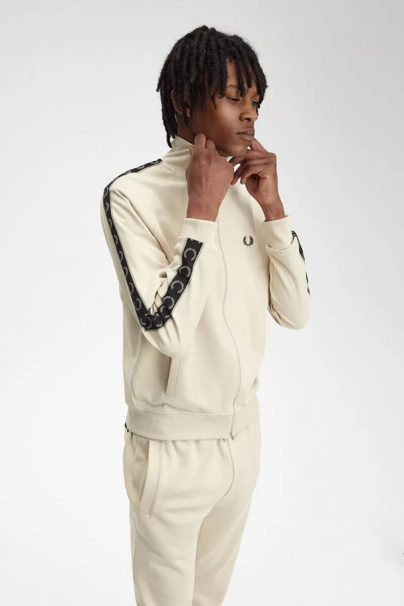 fred perry contrast tape herr träningsjackor oatmeal varm grå