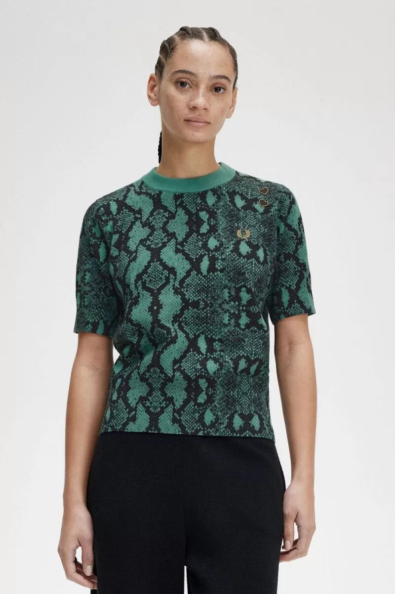 fred perry snake print damtröja djup mintgrön