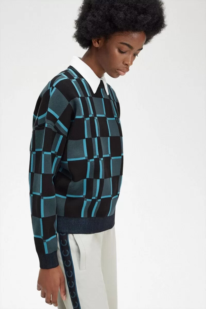 fred perry checkerboard damtröja cyberblå