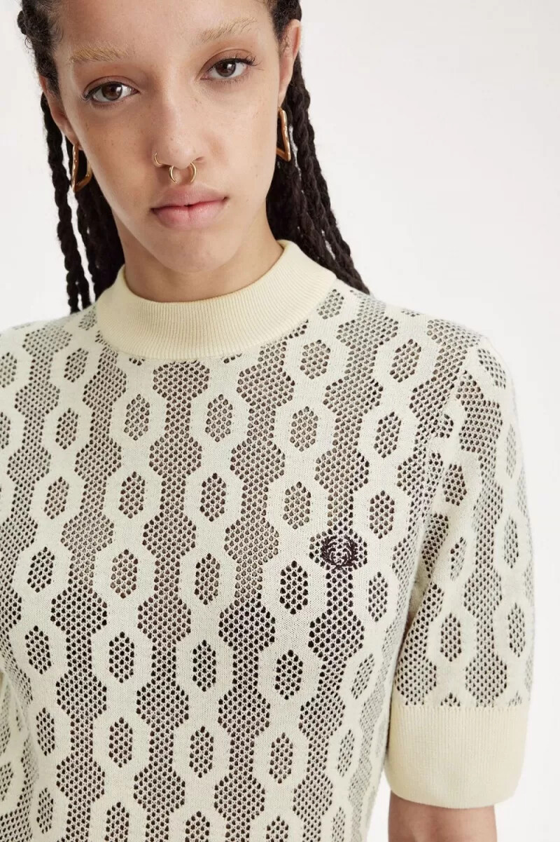 fred perry öppenstickad kortärmad damtröja havregryn