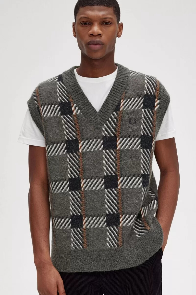 fred perry glitch tartan stickade herrlinnen field green