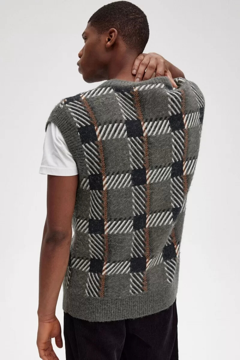 fred perry glitch tartan stickade herrlinnen field green