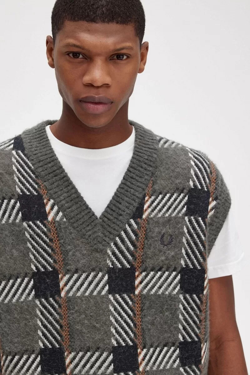 fred perry glitch tartan stickade herrlinnen field green
