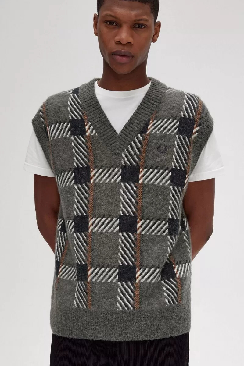 fred perry glitch tartan stickade herrlinnen field green