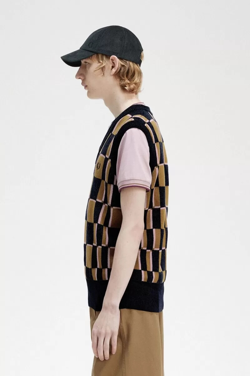fred perry glitch checkerboard herrlinnen brun marinblå
