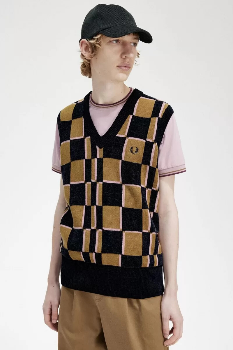fred perry glitch checkerboard herrlinnen brun marinblå