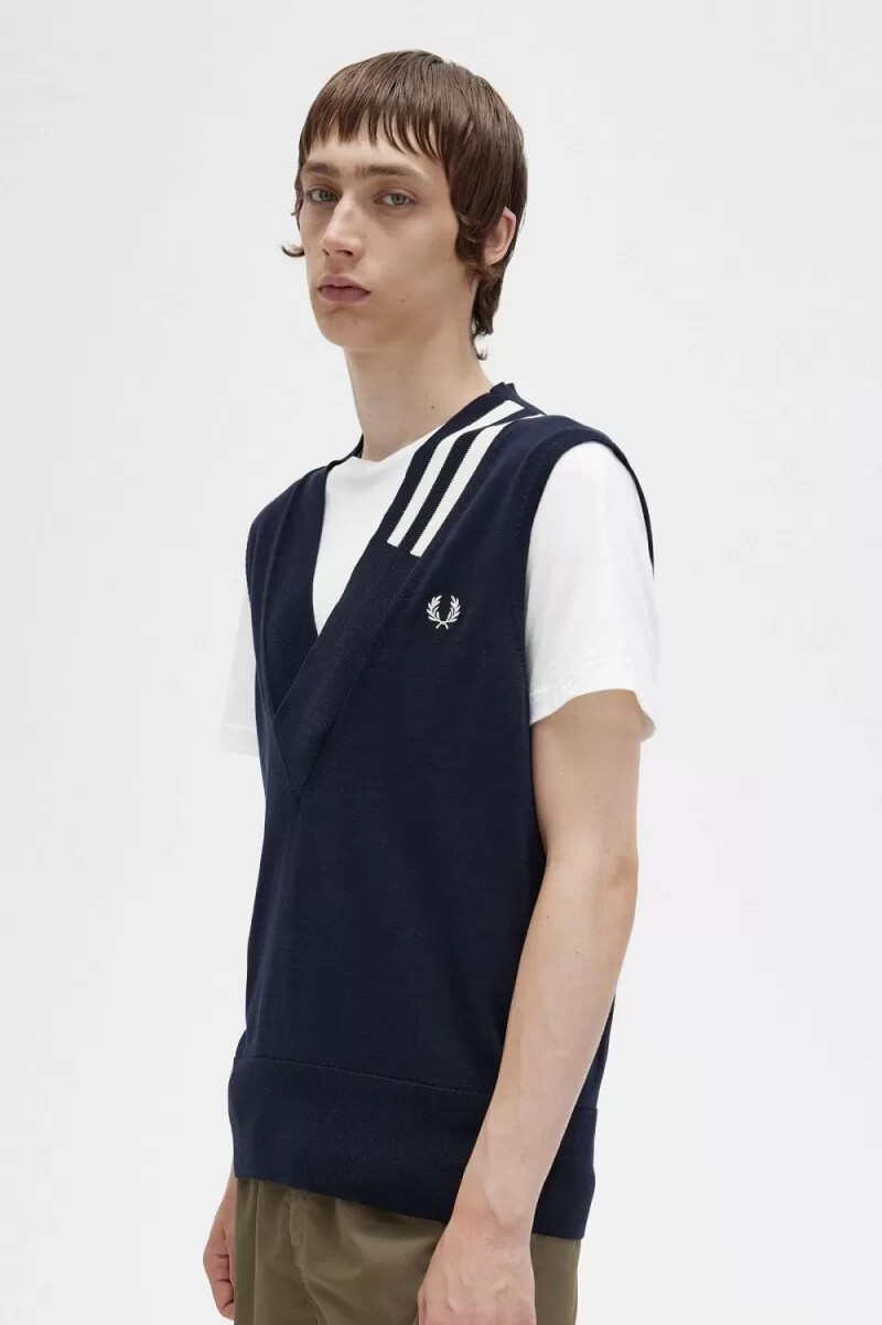 fred perry tipped v-neck stickade herrlinnen marinblå