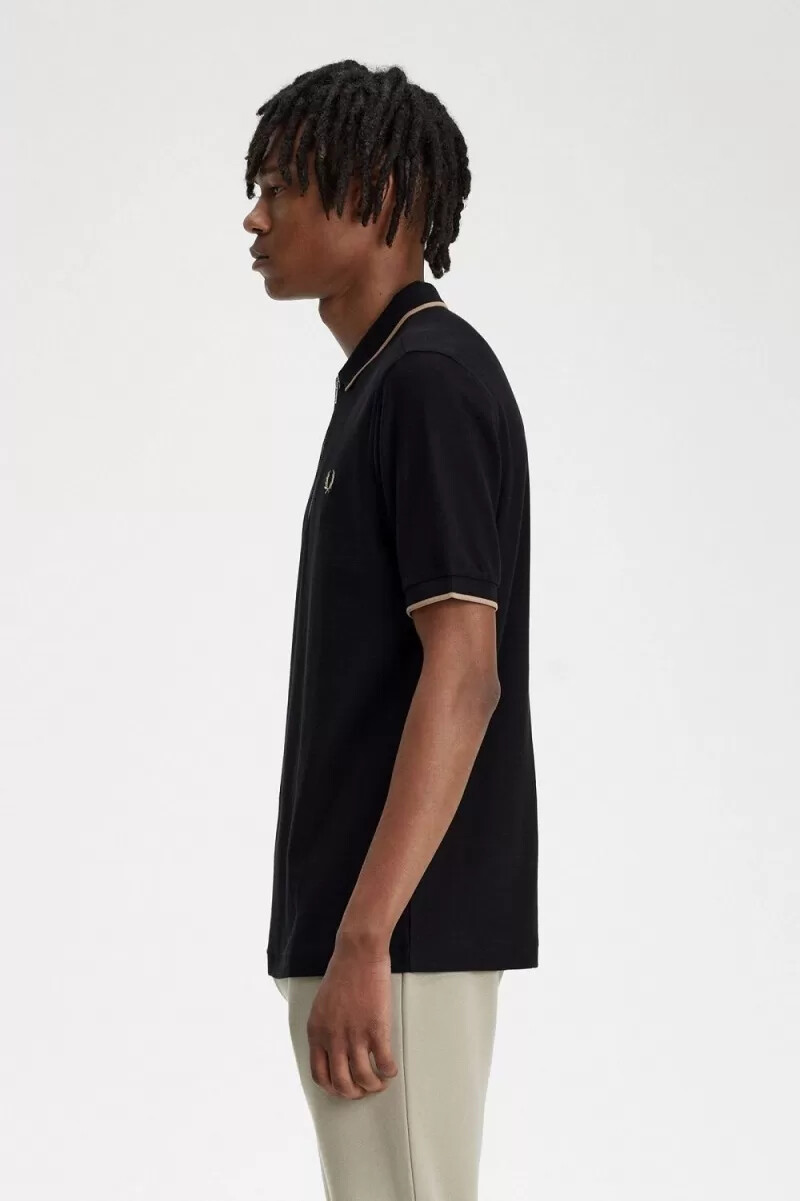 fred perry crepe pique zip neck herr pikétröja svart
