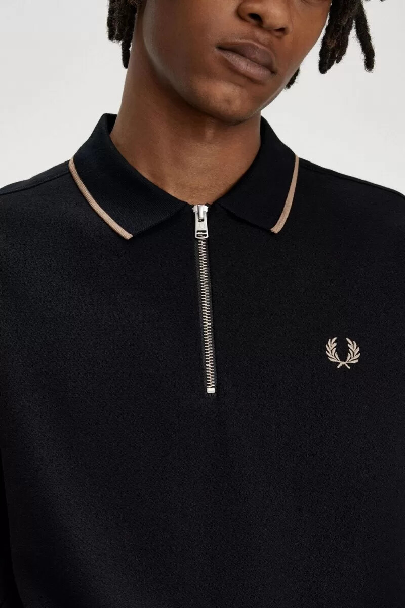 fred perry crepe pique zip neck herr pikétröja svart