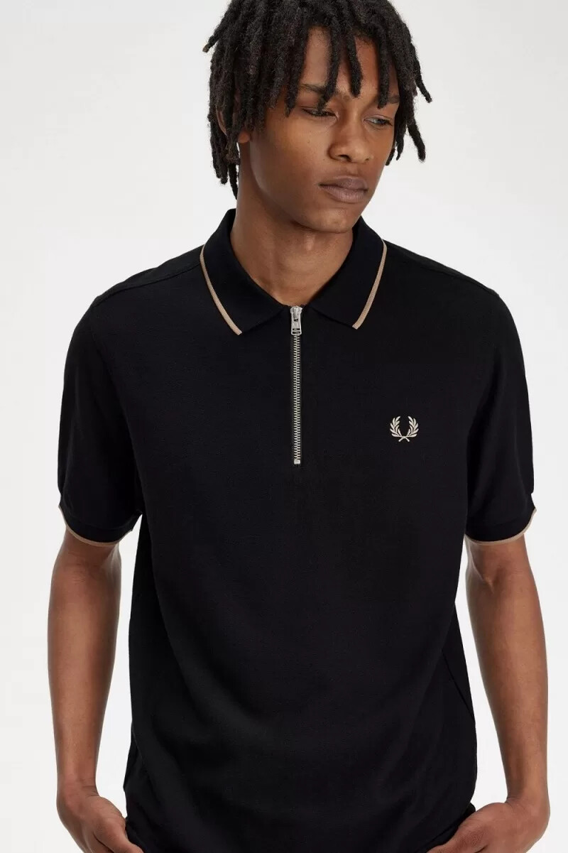 fred perry crepe pique zip neck herr pikétröja svart