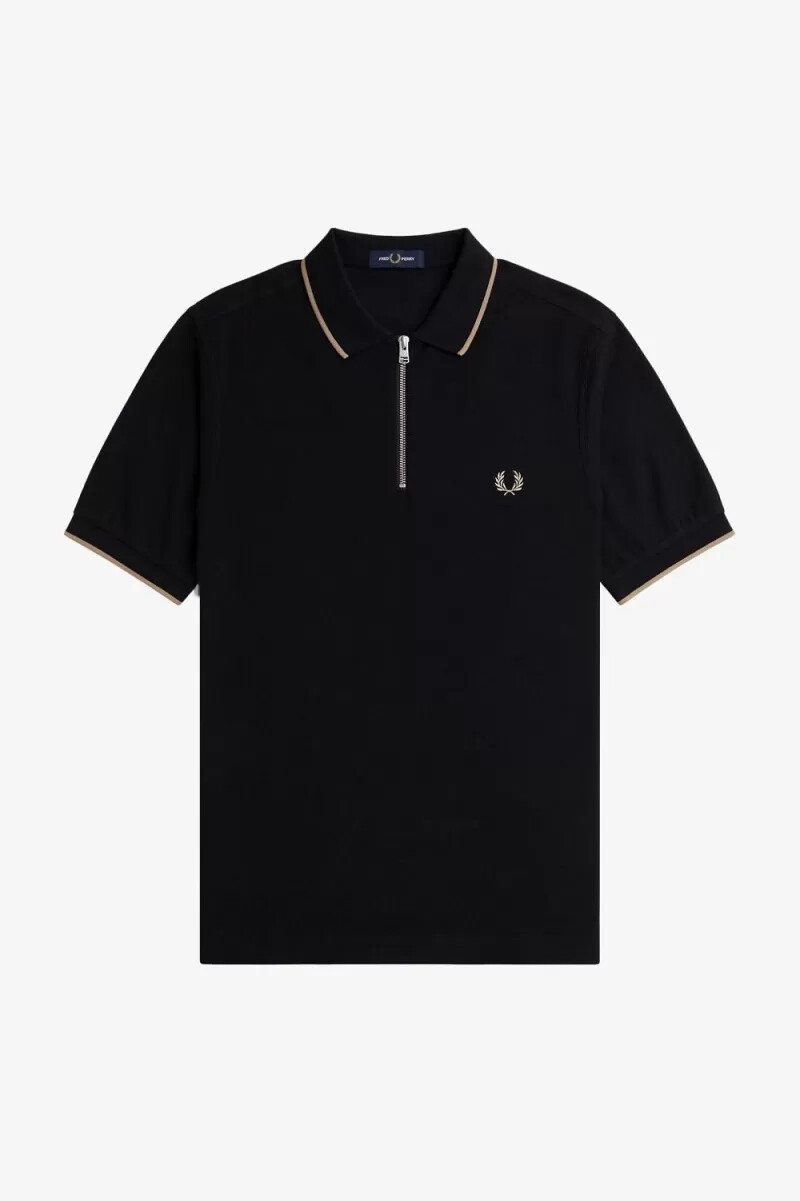 fred perry crepe pique zip neck herr pikétröja svart