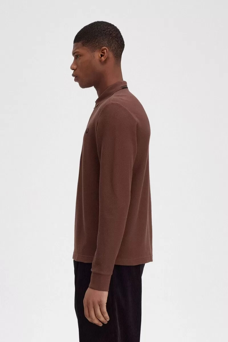 fred perry honeycomb cotton långärmad herrpikétröja whiskybrun
