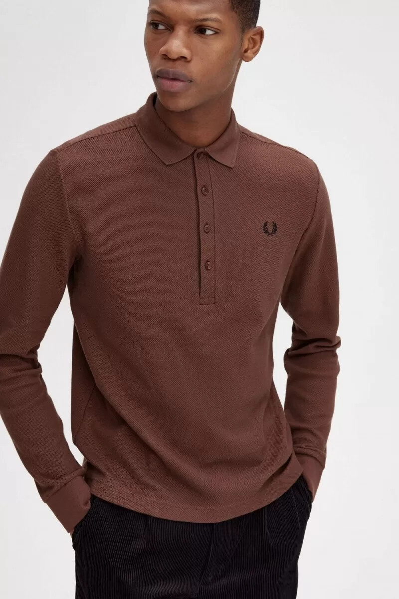 fred perry honeycomb cotton långärmad herrpikétröja whiskybrun