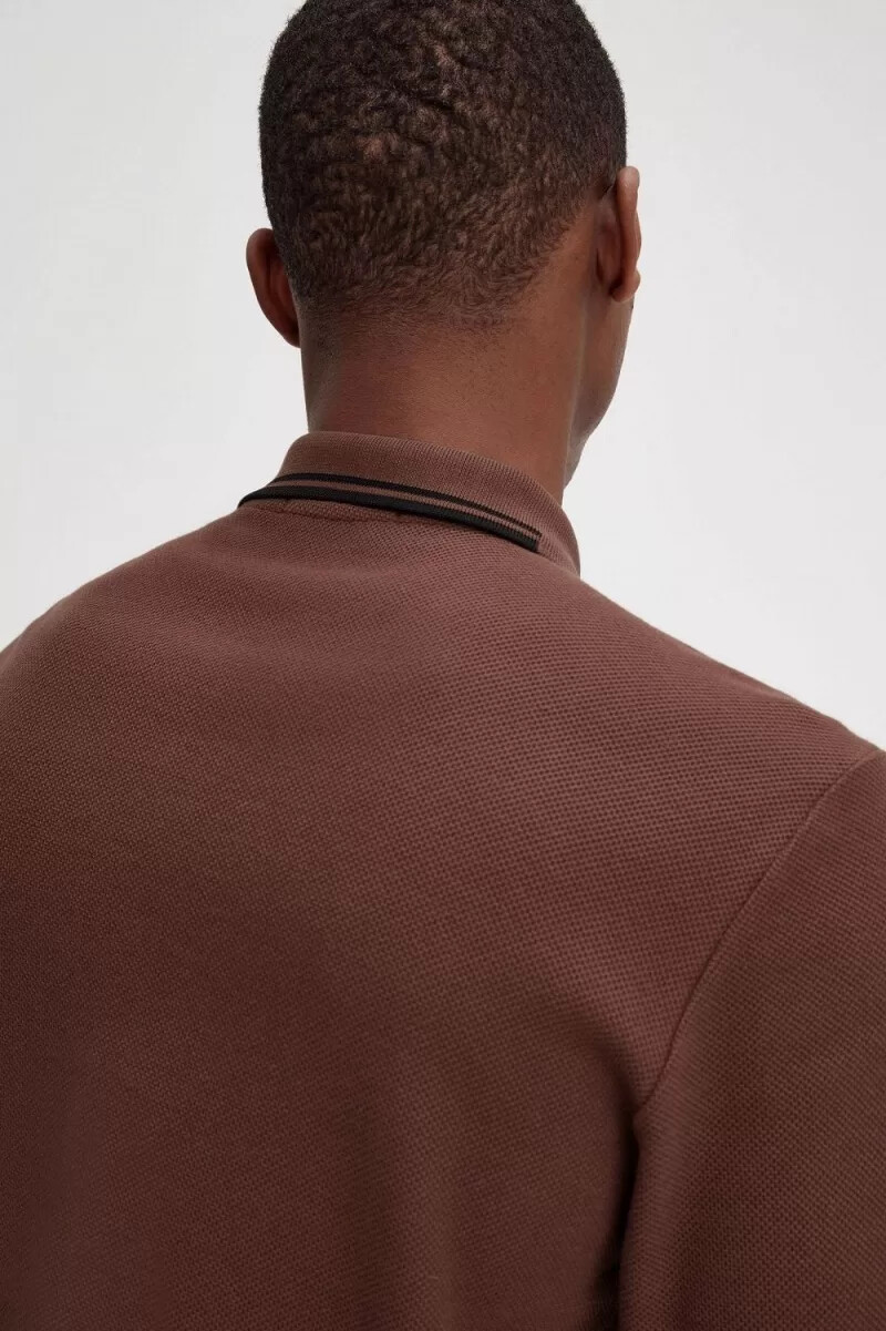 fred perry honeycomb cotton långärmad herrpikétröja whiskybrun