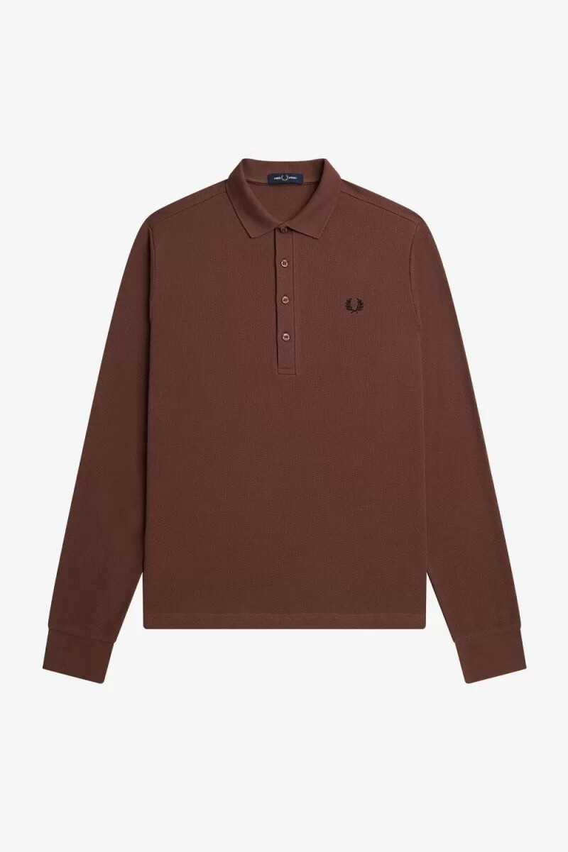 fred perry honeycomb cotton långärmad herrpikétröja whiskybrun