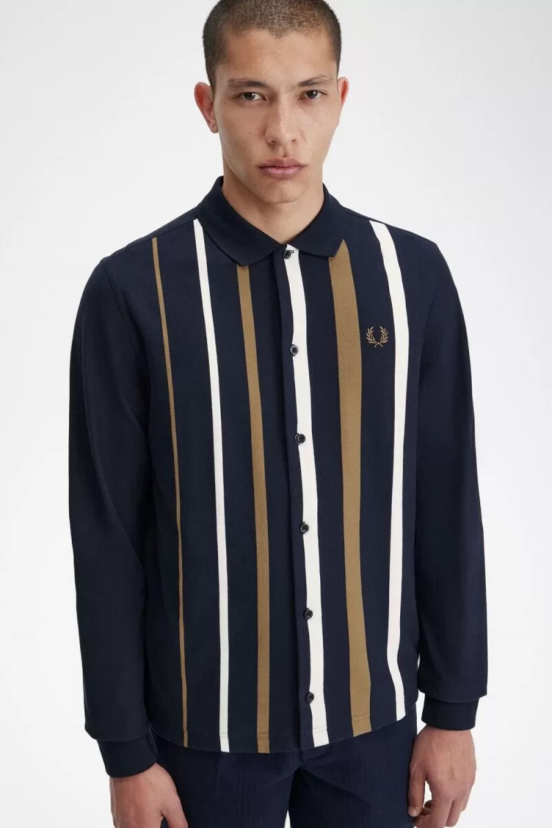 fred perry gradient randig långärmad herrpikétröja marinblå