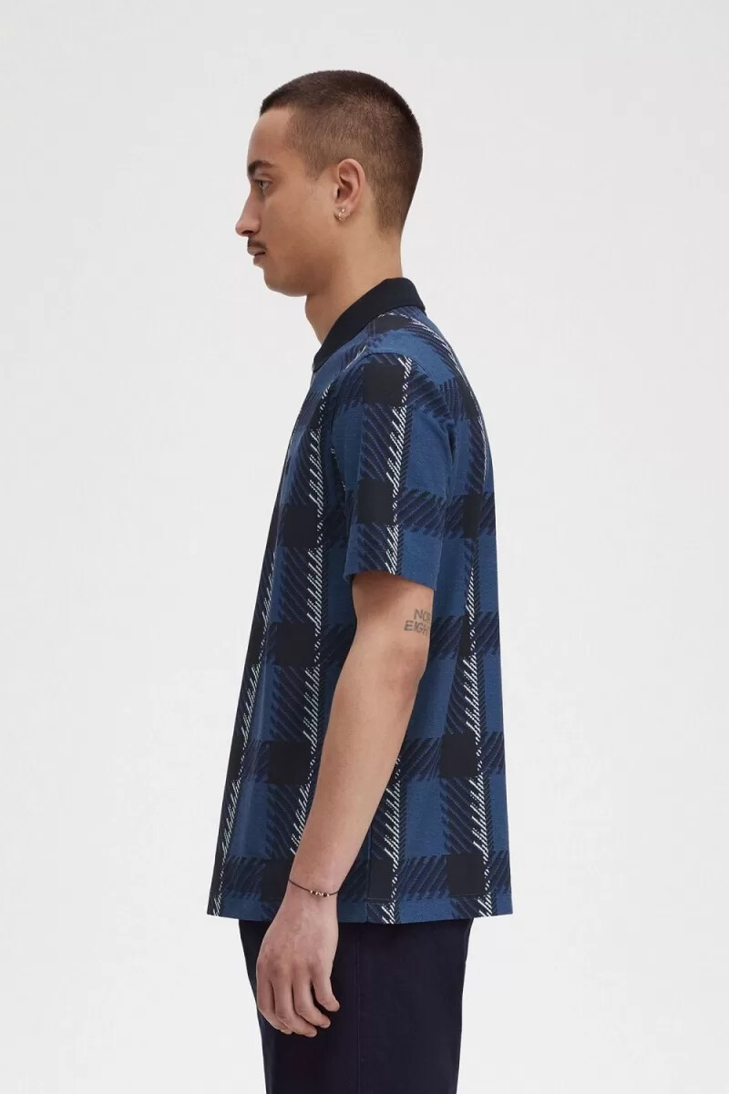 fred perry glitch tartan zip neck herr pikétröja midnattsblå