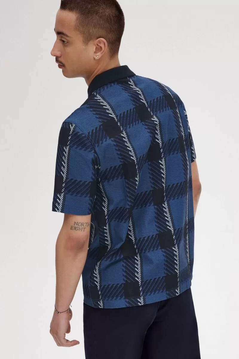 fred perry glitch tartan zip neck herr pikétröja midnattsblå