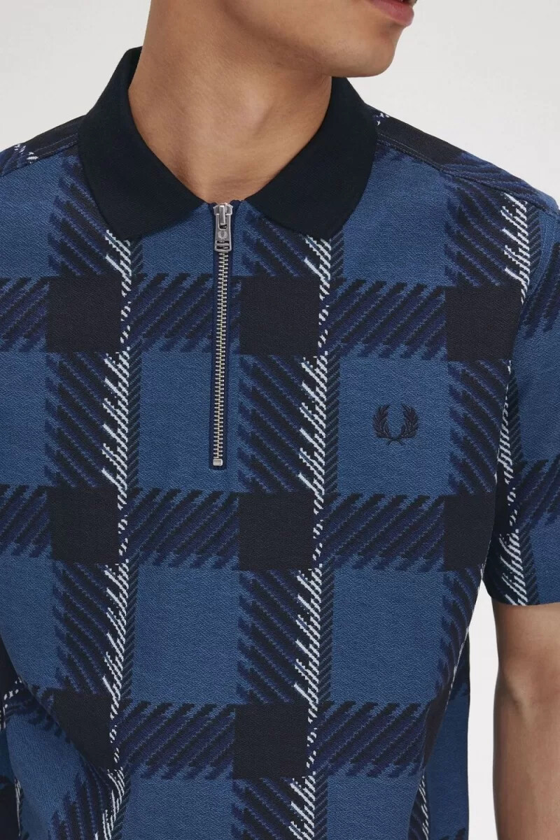 fred perry glitch tartan zip neck herr pikétröja midnattsblå