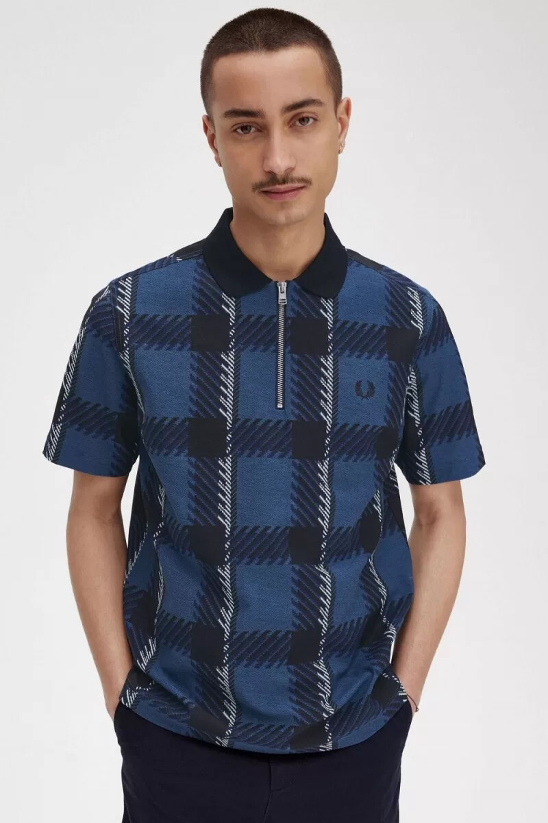 fred perry glitch tartan zip neck herr pikétröja midnattsblå