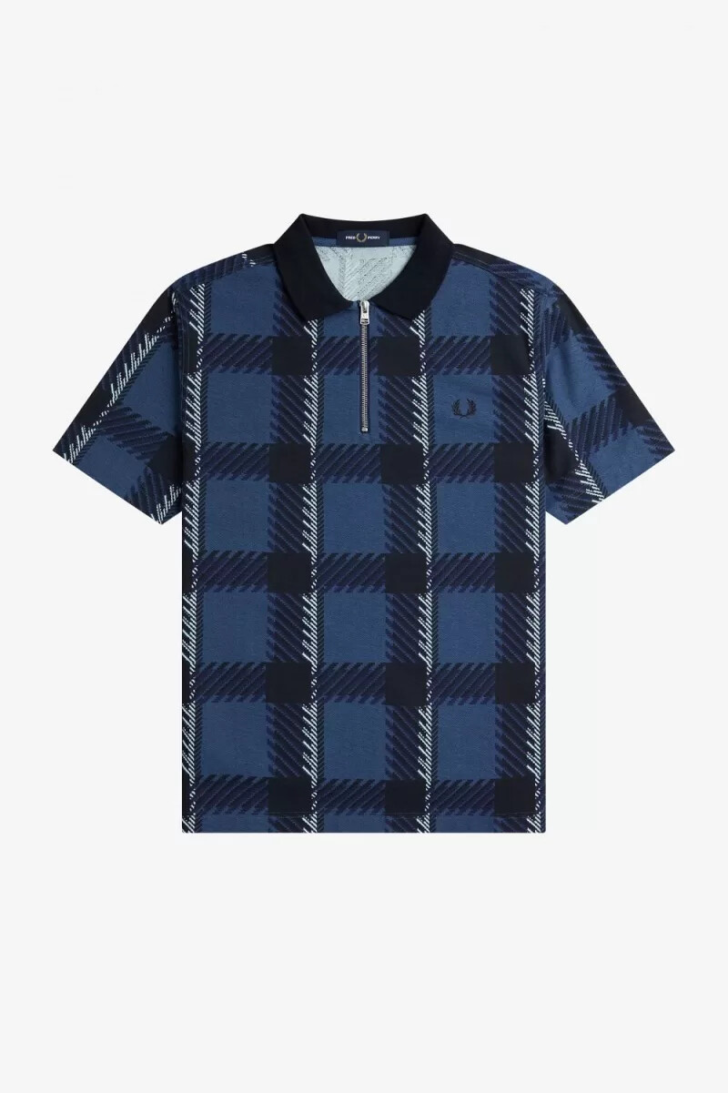 fred perry glitch tartan zip neck herr pikétröja midnattsblå