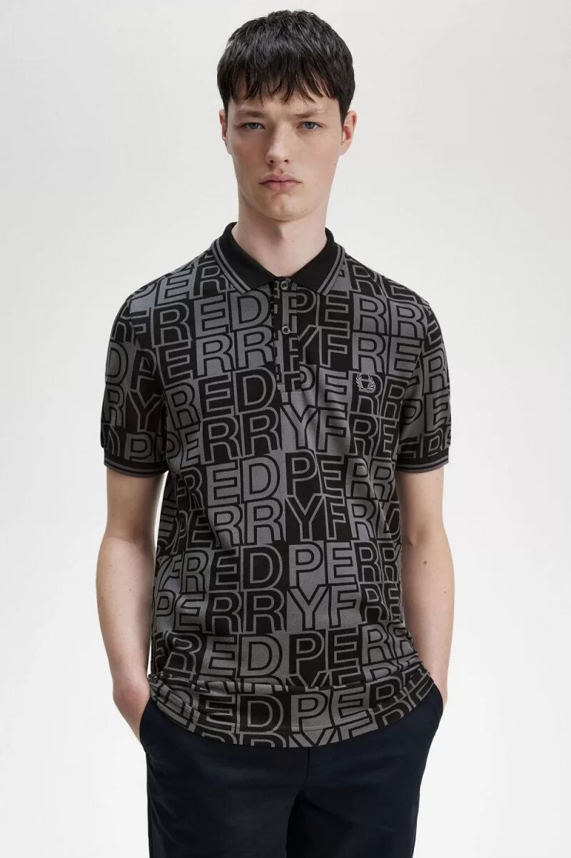 fred perry block graphic herr pikétröja gunmetal