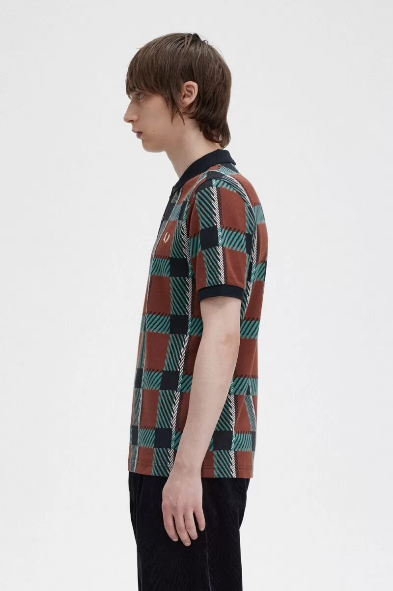 fred perry glitch tartan herr pikétröja whiskybrun