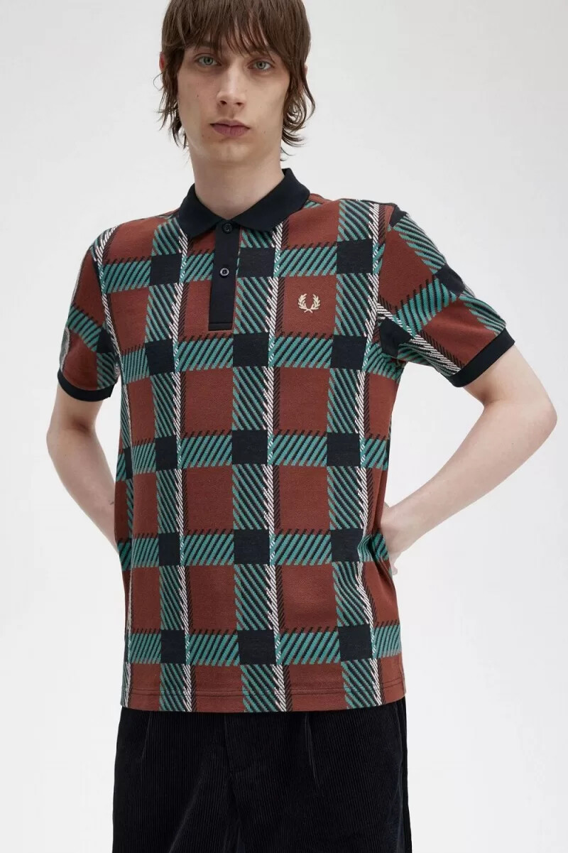 fred perry glitch tartan herr pikétröja whiskybrun